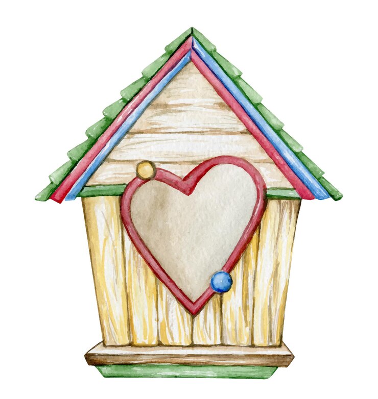 Casa de pássaros de madeira colorida em estilo cartoon Clipart de aquarela Clipart de ano novo