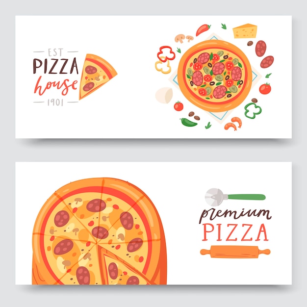 Casa de pizza com ingredientes e diferentes tipos de fatias de pizza banner conjunto