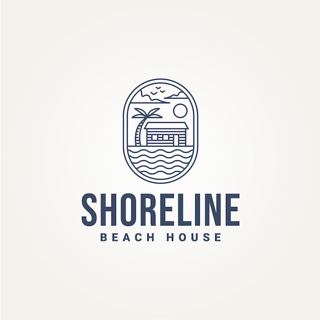 casa de praia arte de linha minimalista emblema modelo de logotipo projeto de ilustração vetorial