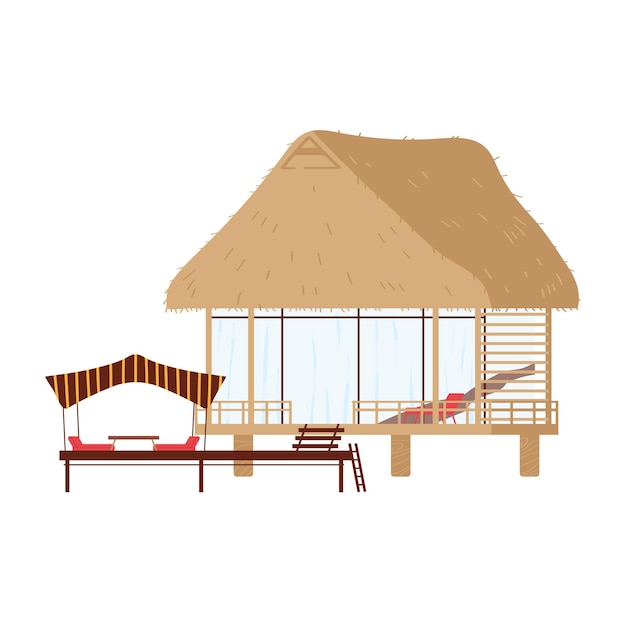 Vetor casa de praia tropical em palafitas com telhado de palha e convés de madeira bungalow de resort com cadeiras de descanso casa de férias ilustração vetorial de destino de viagem de verão