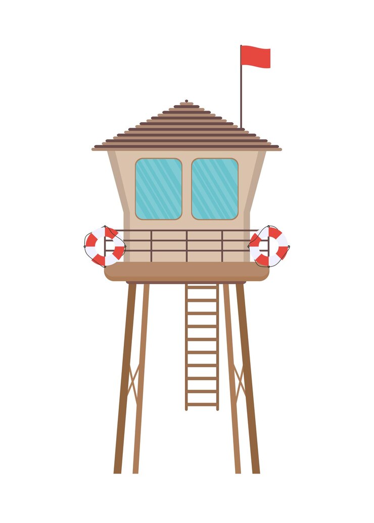 Casa de salva-vidas de madeira em design plano Torre de salva-vidas retrô isolada em fundo branco Cabana de Baywatch ou ilustração vetorial de torre de observação