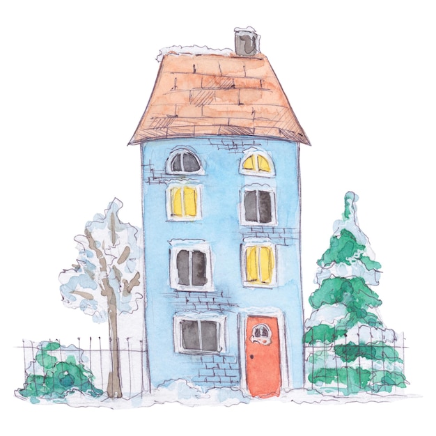 Vetor casa decorativa em aquarela na neve