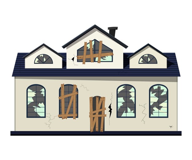 Casa dilapidada de um andar antes da reforma. estilo de desenho animado. ilustração vetorial.