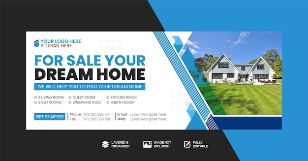 Casa dos sonhos para venda banner de mídia social imobiliária design de modelo de capa do facebook vetor premium