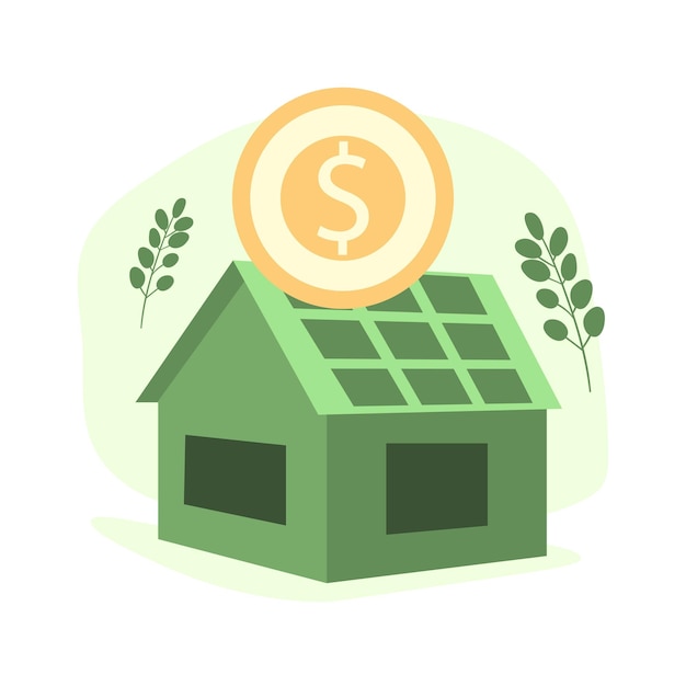 Vetor casa ecológica com painéis solares usa eletricidade verde pagando menos ilustração vetorial de economia de dinheiro