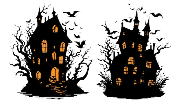 Casa fantasma assustadora feliz de halloween com ilustração vetorial de morcegos casa assustadora de noite de halloween