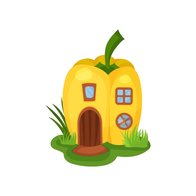 Casa ifantasy dos desenhos animados em forma de pimenta amarela casa com porta em arco de madeira quadrada e janelas redondas design vetorial plano para livro de histórias ou jogo para celular