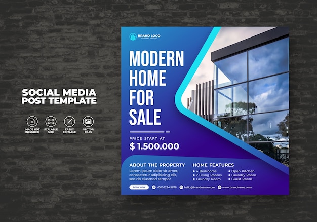 Casa imobiliária elegante moderna para venda banner na mídia social e modelo de flyer casa quadrada