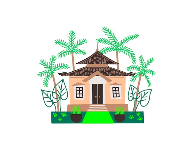 Vetor casa indonésia tradicional em estilo plano com palmeiras e plantas ilustração vetorial