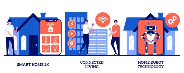 Casa inteligente 2.0, vida conectada, conceito de tecnologia de robô doméstico com pessoas minúsculas. Cidade e casa com inteligência cognitiva, Internet das coisas, conjunto de ilustração vetorial abstrato de tecnologia inovadora.
