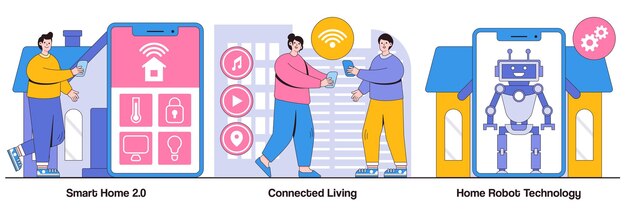 Casa inteligente 20 conceitos de tecnologia de robôs domésticos vivos conectados com personagens de pessoas Cidade e casa com inteligência cognitiva Pacote de ilustração vetorial de tecnologia inovadora da Internet das Coisas