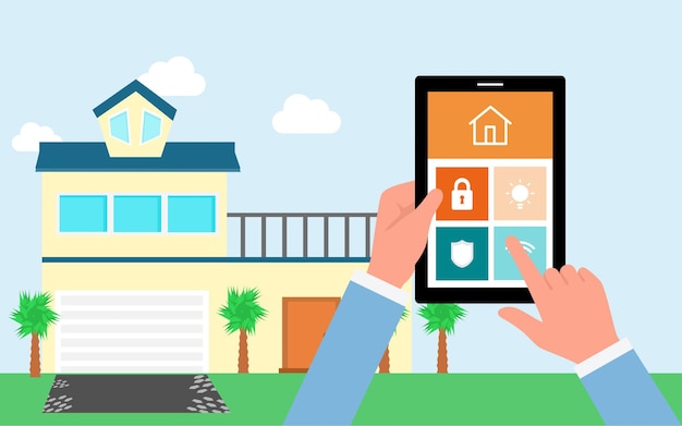 Vetor casa inteligente. mão segurando o tablet com aplicativo de controle doméstico. segurança do lar.