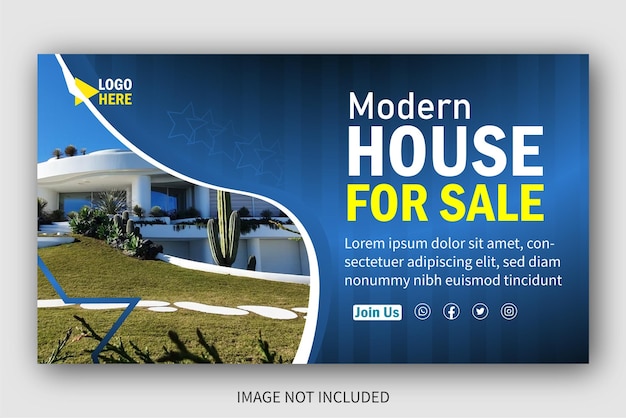 Vetor casa moderna à venda design de miniatura do you tube e banner da web para negócios de venda de imóveis