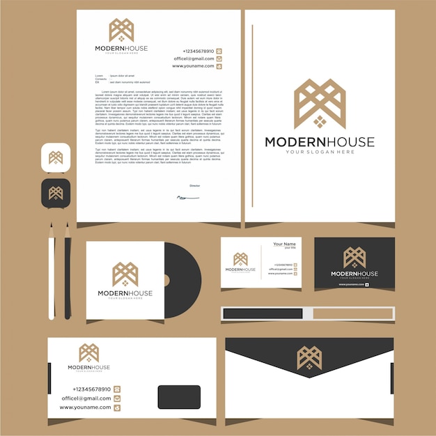 Casa moderna de logotipo para construção, casa, imóveis, construção, propriedade. modelo de design de logotipo e papelaria
