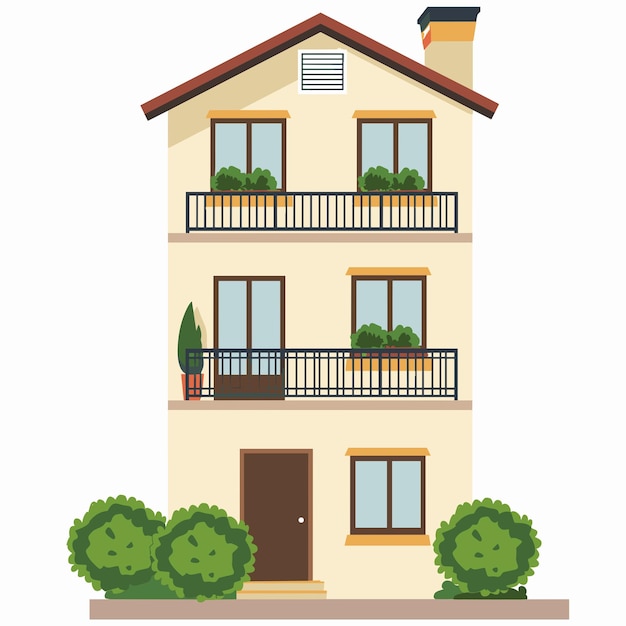 Casa moderna de três andares com varandas e vegetação num bairro tranquilo