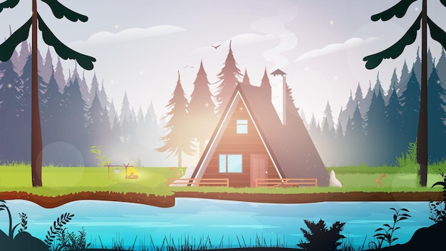 Casa na floresta. Floresta com um rio.