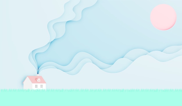 Casa na primavera temporada de verão no estilo de arte de papel com esquema de cores pastel vector illustrat