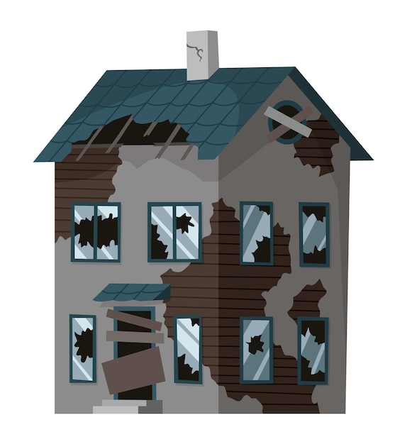 Vetor casa ou habitação velha deteriorada casa abandonada em más condições edifício velho com problemas, com telhado danificado, paredes desgastadas e exterior propriedade isolada e negligenciada