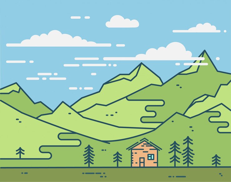 Casa plana na ilustração de montanhas verdes