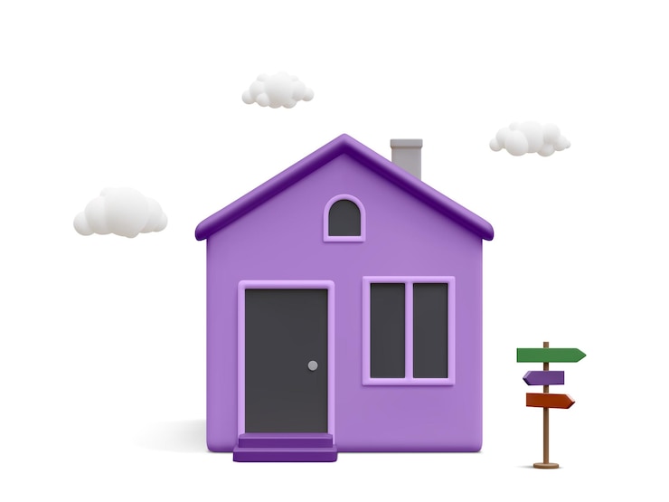 Vetor casa realista 3d com nuvens e placa de rua isolada no fundo branco conceito de empréstimo hipotecário imobiliário ícone de casa no estilo minimalista dos desenhos animados ilustração em vetor