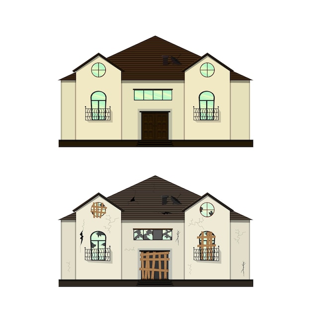 Casa térrea antes e depois dos reparos. estilo de desenho animado. ilustração vetorial.