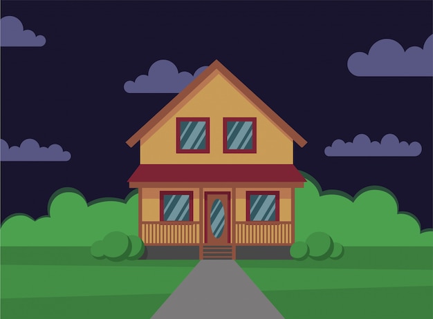Casa tradicional. casa de família. noite. ilustração do conceito de design plano. - estocar o estilo simples.