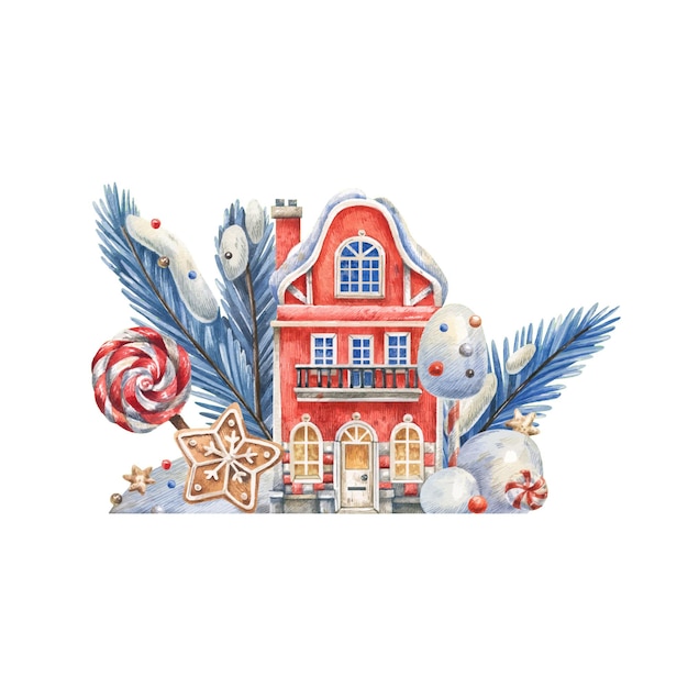 Vetor casa vintage coberta de neve vermelha cercada por doces de natal e galhos de árvores de natal