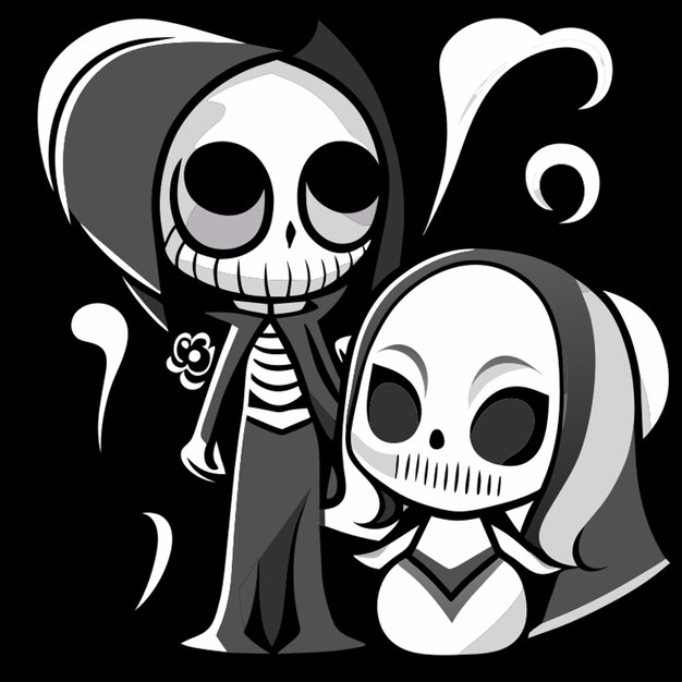 Vetor casais apaixonados os amantes no estilo de esqueleto gráfico preto e branco deathcore baixa resolução