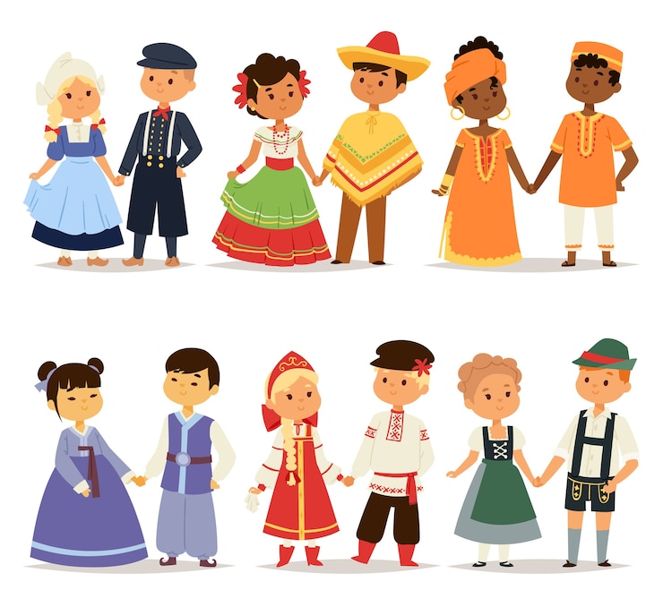 Casais de crianças tradicionais, personagens do mundo, vestem meninas e meninos em diferentes trajes nacionais e lindos vestidos de nacionalidade de crianças pequenas