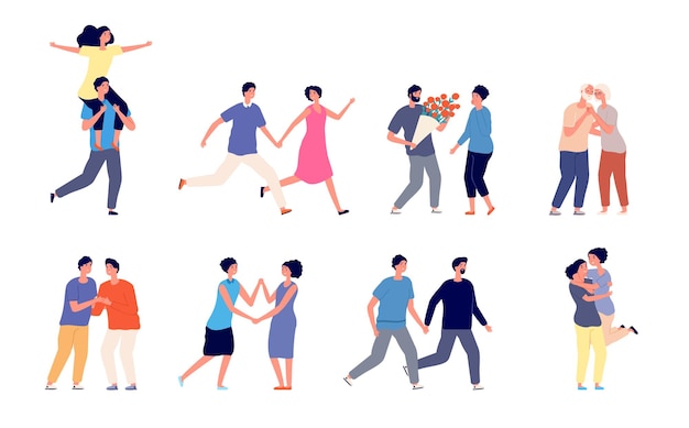 Casais diferentes apaixonados. Estilos de vida de casal, relacionamento de diversidade homossexual homossexual de lésbicas planas. Conjunto de vetores de namorada jovem namorado. Casal homem e mulher, juntos ilustração de namorado e menina