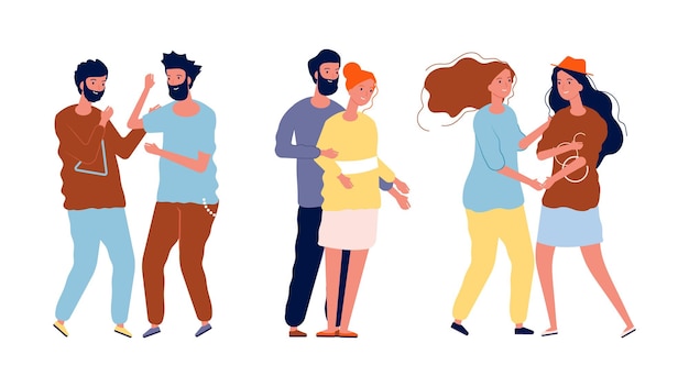 Casais diferentes. Pessoas LGBT, lésbicas e gays, homossexuais e heterossexuais. Homens, mulheres apaixonadas, ilustração do vetor de amigos e famílias felizes. Casal homossexual LGBT, amor lésbico e gay juntos