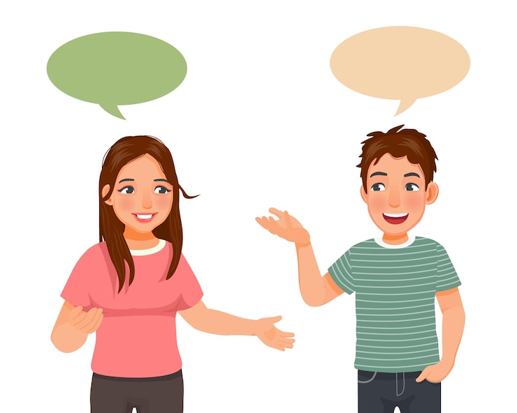 Vetor casais jovens mulher e homem conversando conversando uns com os outros com balões de fala