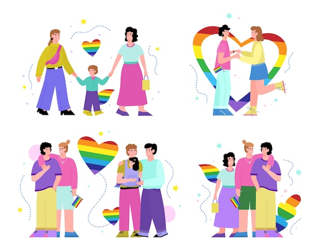 Vetor casais lgbt com conjunto de símbolos de arco-íris de ilustração vetorial plana isolada