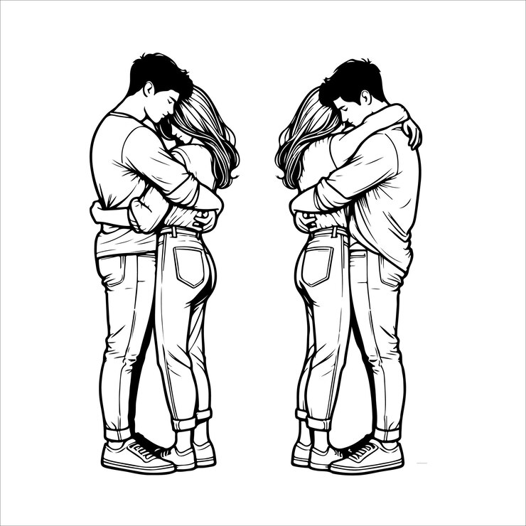 Vetor casal abraçando-se ilustração de arte de linha com fundo branco