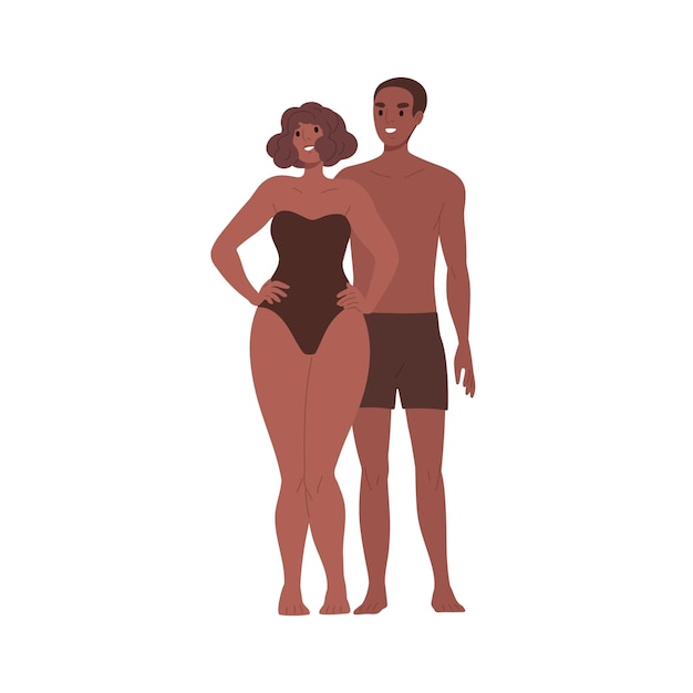 Vetor casal afro-americano em retrato de trajes de banho. feliz jovem negro e mulher em pé e posando em trajes de banho. macho e fêmea em trajes de banho. ilustração vetorial plana isolada no fundo branco