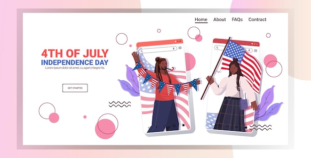 casal afro-americano segurando bandeiras dos EUA e comemorando, página de destino do dia da independência de 4 de julho