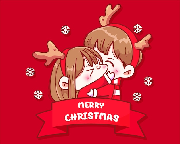 Casal alegre se abraçando e comemorando no feriado de Natal ilustração da arte desenhada à mão dos desenhos animados