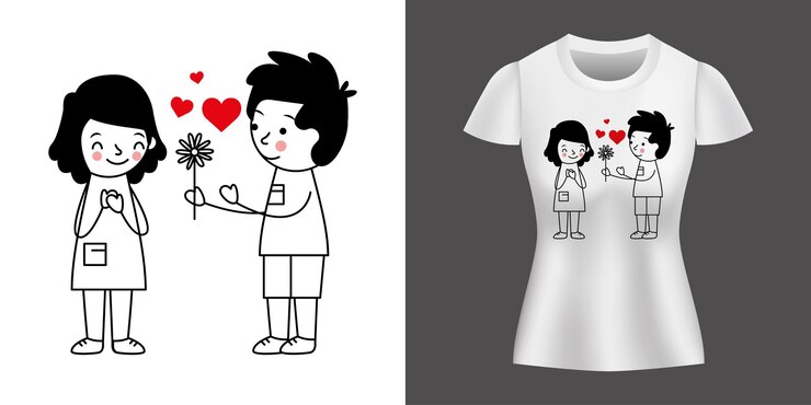 Vetor casal amando com menino dando uma flor impressa na camisa.