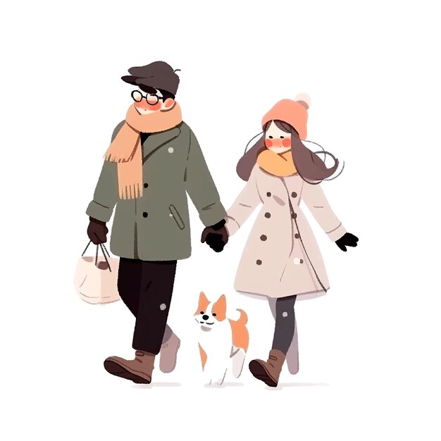 Casal andando com um cachorro pequeno no inverno