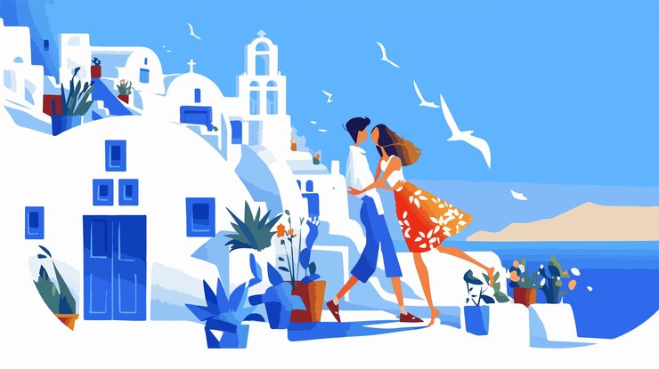 Vetor casal apaixonado em lua-de-mel grega em férias românticas em santorini