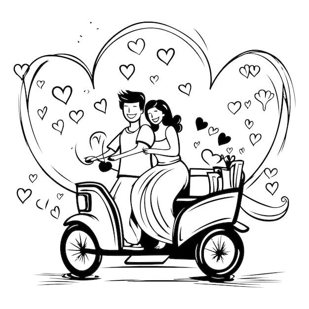 Vetor casal apaixonado em uma scooter com ilustração vetorial de corações