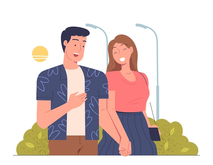 Vetor casal apaixonado na natureza conceito homem e mulher caminham juntos jovem e menina em encontro romântico poster ou banner ilustração vetorial plana de desenho animado isolada em fundo branco
