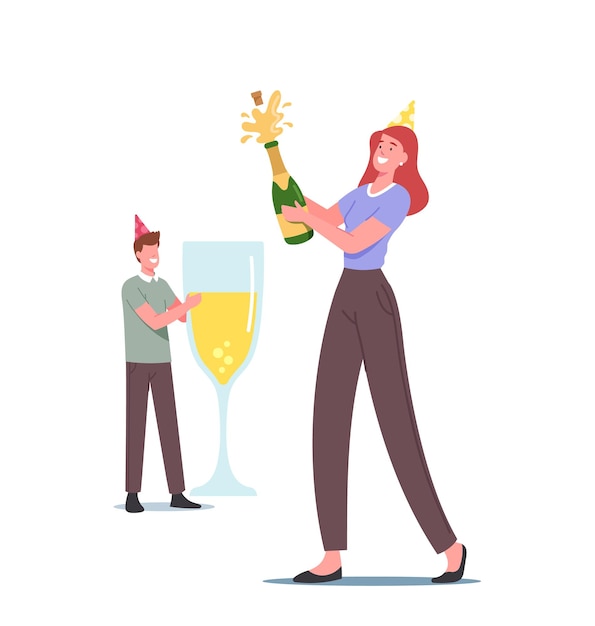 Casal apaixonado, personagens masculinos e femininos em bonés engraçados bebem champanhe, comemoram aniversário, um ano juntos