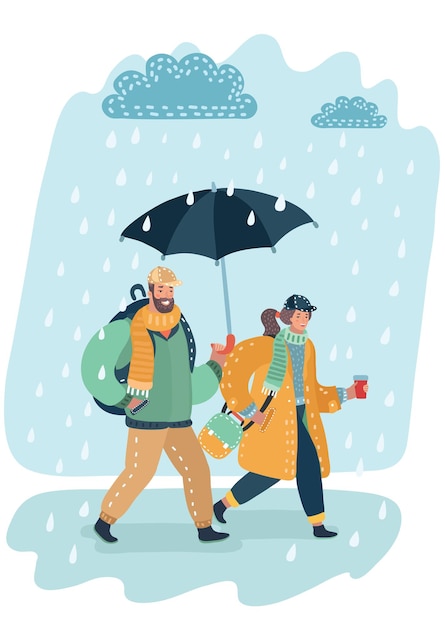 Casal apaixonado sob um guarda-chuva lindo cara e a garota em roupas da moda