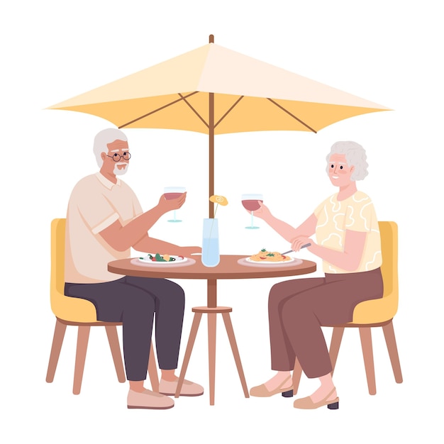 Casal aposentado janta em personagens de vetores de cor semiplana de café