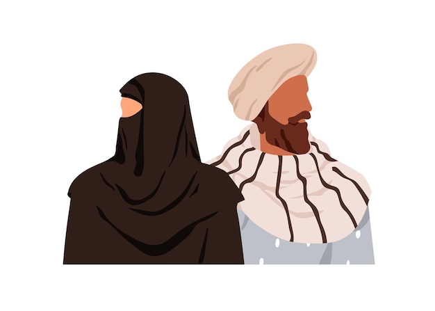 Vetor casal árabe homem árabe em turbante mulher em hijab pessoas árabes em lenço família islâmica personagem masculino e feminino em conflito ilustração vetorial plana isolada em fundo branco