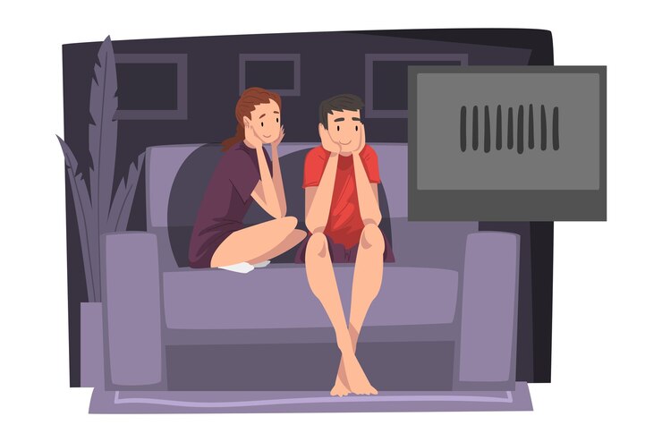 Vetor casal assistindo a um filme juntos no sofá jovem homem e mulher passando tempo em casa ilustração vetorial