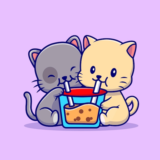 Casal bonito gato bebida boba leite chá ilustração dos desenhos animados. conceito animal da bebida isolado. estilo flat cartoon