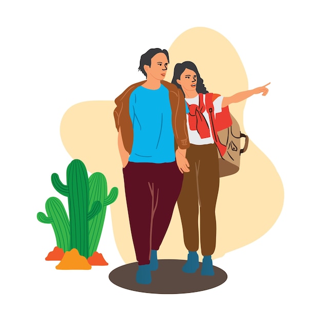 Vetor casal caminhando ao ar livre, aventura de casal, ilustração plana