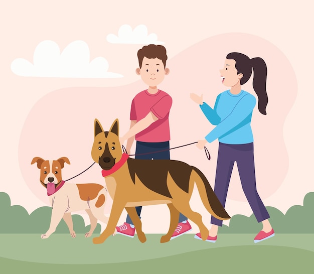 Casal caminhando com mascotes